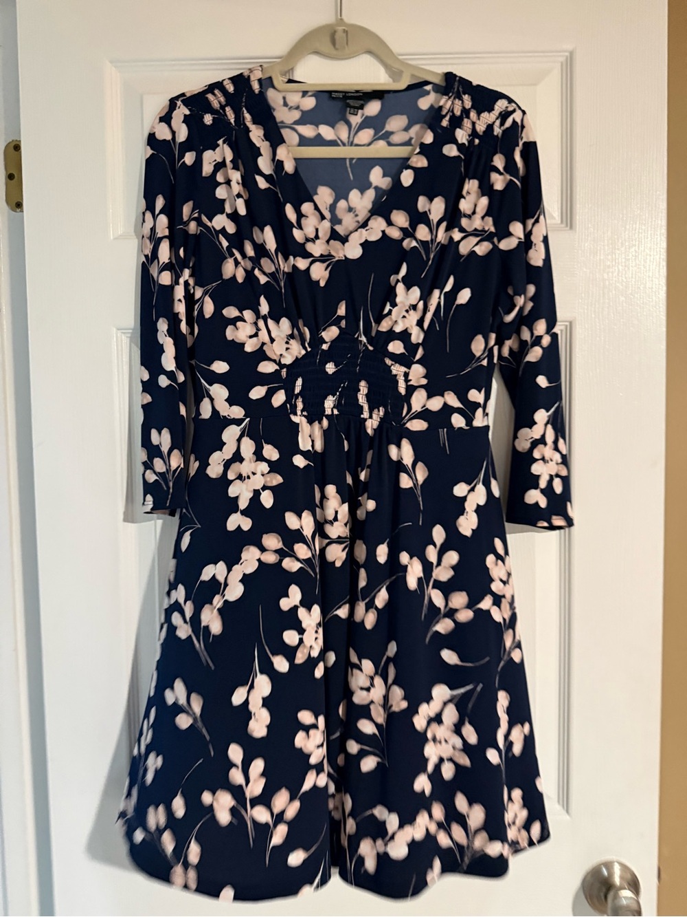 Maggy London Navy & Blush Floral V-Neck 3/4 Sleeve Fit-and-Flare Dress